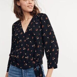 madewell // black Wrap Top in Flower Toss Floral Long sleeve M